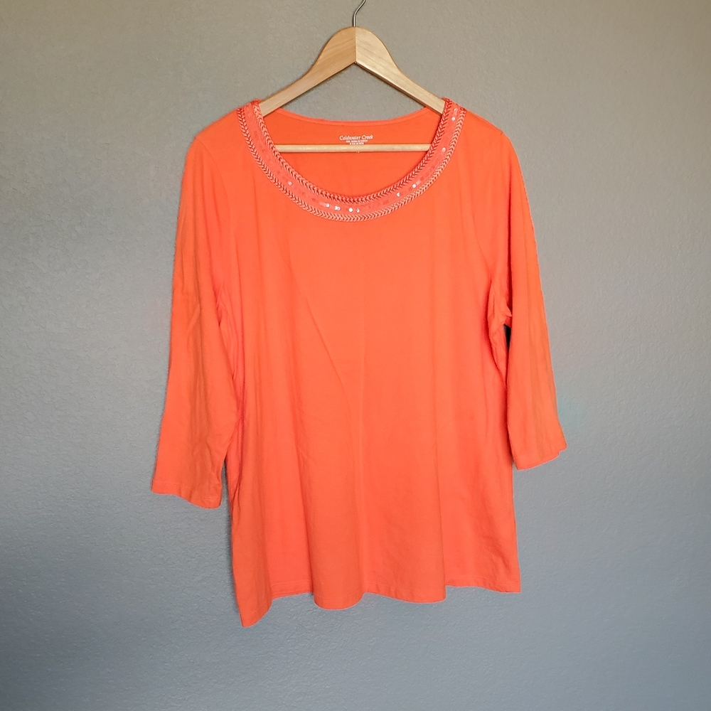 100% Pima Cotton Coldwater Creek Orange Sequin 3/4 sleeve Top Plus Size 1X
